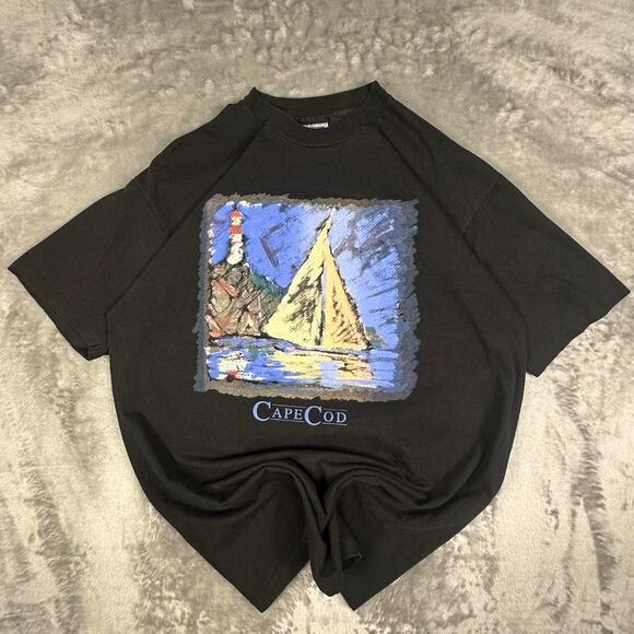 Vintage 80’s Black Cape Cod Artistic Print Single Stitch Graphic T-shirt XL - Picture 1 of 6